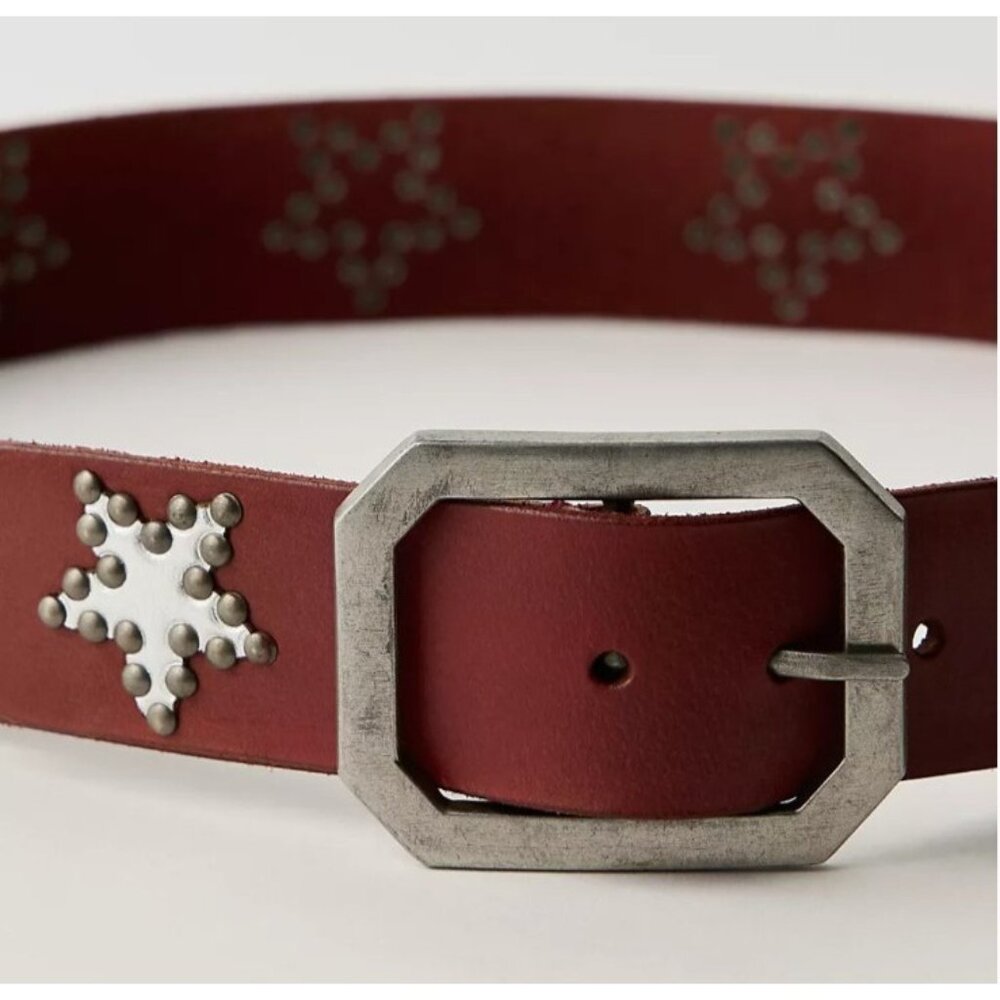 Free People Brown Leather Studded Star Belt Western Boho Festival Womens M/L - Picture 4 of 10
